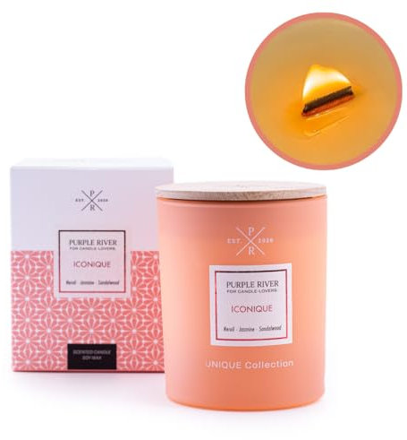 Purple River Duftkerze im Glas mit Holzdeckel | Iconique | Duftkerze Floral | Brenndauer 40-50h | Kerze mit Holzdocht | Duftkerze Sojawachs | Kerzen Orange (220g)