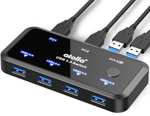 atolla USB Switch 4 Port USB 3.0 Switch 2 Eingänge und 4 Ausgänge mit 2 x 1,5 m USB 3.0 A-A Kabel für Drucker, Maus, Tastaturen, USB-Sticks, Festplatten, Scanner usw