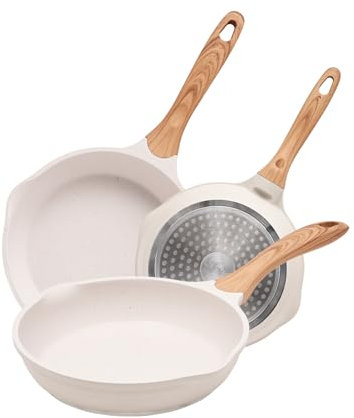 JEETEE Poêle À Frire 20/24/28,Revêtement De Granit, Batterie De Cuisine 3 Pièces, Poignée Résistante À La Chaleur, Légère, Facile À Nettoyer Et Compatible Toutes Les Cuisines,Sans Pfoa, Beige