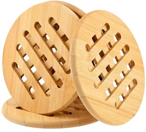 WuGU 4PCS Salvamanteles Cocina de Bambú Resistentes Calor, Soportes Ollas Calientes Antideslizante Redondos, Estera de Cazuela Bambú Natural para Cuencos, Cocina, Ollas, Platos (15 CM)