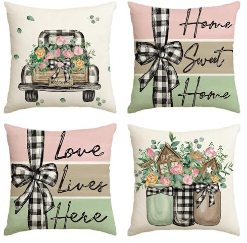 Artoid Mode Eukalyptus Tulpen Blumen Vase Fliege LKW Frühling Kissenbezüge 4er Set, 45x45 cm Lastkraftwagen Zierkissenbezug Cushion Cover Deko