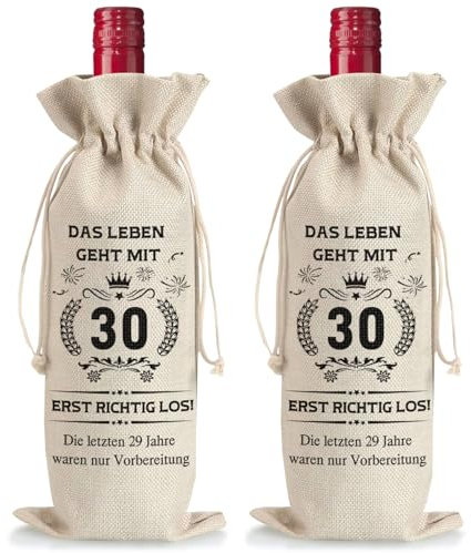 2 Stück Weinflasche Tasche Jute, Geschenke zum 30 Geburtstag Mann Frau, Weinbeutel Wiederverwendbare Wein Geschenkbeutel mit Kordelzug Wein Geschenktasche Weinflaschen Geschenktüten für Sektflaschen