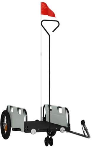vidaXL Remorque de Vélo, Chariot de Transport avec Barre d'Attelage, Remorque de Bicyclette avec Drapeau pour Bagage, Gris Tissu Oxford et Fer