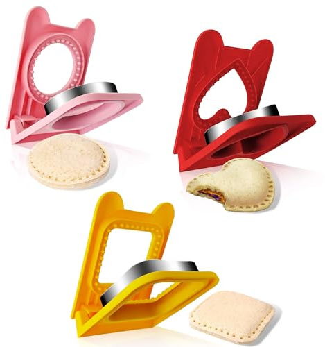 3 formine per sandwich e sigillanti, divertenti formine per biscotti, 2 in 1, formine per sandwich tascabili, taglierine per sandwich per bambini (rotondo rosa, cuore rosso, quadrato giallo)