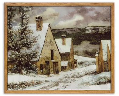 UPWOIGH Gerahmte Vintage-Wandkunst, Gustave Courbet Village Edge im Winter, rustikales Landstraßen, Ölgemälde, Winterlandschaft, Landschaft, Landschaft, Landschaft, Landschaft, Landhausdruck,