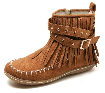 WOFANLULY Damen-Stiefeletten, runde Zehenpartie, modische Fransen, seitlicher Reißverschluss, Damen-Winterstiefel, braun, 39 EU