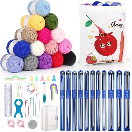 Aeeque 61 Stück Strickset für Anfänger, 25cm Metall Stricknadeln Set mit Wolle, Strick Set zum Stricken Socken, Pullover, Schal, Lang Strickennadeln für Erwachsene Set mit Tasche (2,0-8,0 mm)