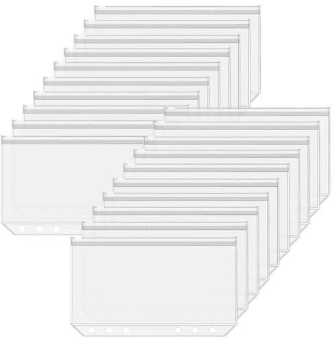 20 Stück A6 Binder Taschen Transparente, 6-Loch-PVC-Taschen Wasserdichter, Dokumententaschen mit Reißverschluss, Reißverschluss Ordner, A6 Ringbuch Budget Planner Deutsch Zubehör