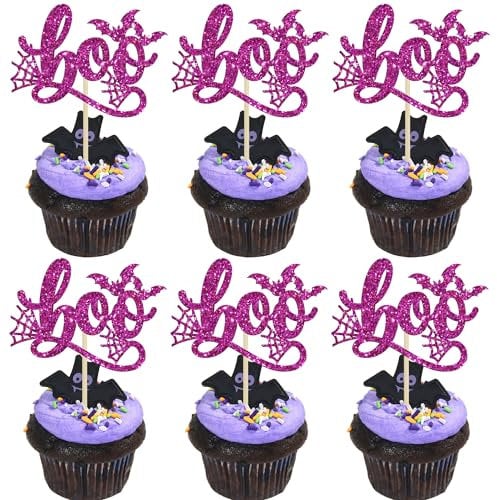 Ephlyn 24Pcs Halloween Boo Cupcake Toppers Glitter Spider Web Bat Cupcake Picks for Halloween Boo Theme Baby Shower Birthday Party Cake Decorations Supplies Purple