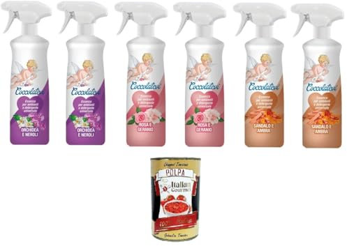 Coccolatevi Testpaket Raumessenz aus Sandelholz und Bernstein, Orchideen- und Neroli, Rose und Geranie,Oberflächenreiniger, Anti-Staub, beseitigt Gerüche 6x750 ml + Italian Gourmet polpa 400g