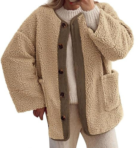 Giacca invernale pesante da donna giacche in pile alla moda a maniche lunghe con bottoni e fodera sfocata capispalla autunno casual inverno caldo cappotto maternità giacca da neve, cachi, S