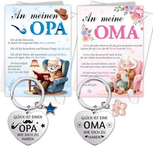 HOWAF Oma und Opa Geschenke, Karte Oma Karte Opa, mit Schlüsselanhänger Oma Schlüsselanhänger Opa, Weihnachtsgeschenke für Oma und Opa, Großeltern Geburtstag Jahrestag Weihnachten Muttertag Vatertag