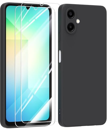 MIKULLE Hülle für Samsung Galaxy A06 4G HandyHülle + 2 Stück Schutzfolie,Dünn Weiche Liquid Silikon TPU Stoßfeste Schutzhülle mit Microfiber Case - Schwarz