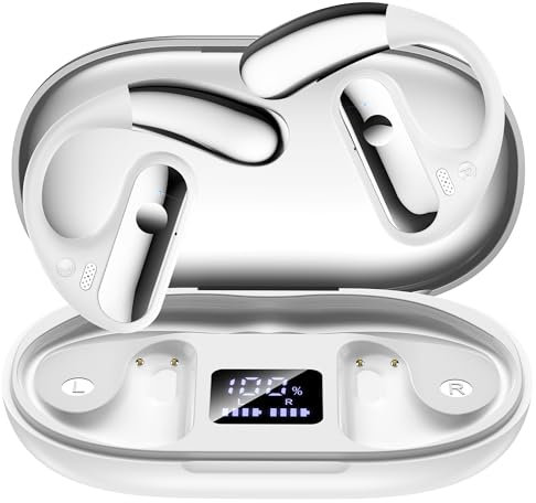 EUQQ Auriculares Inalambricos Blanco, Auriculares Bluetooth 5.3 Deportivos con Gancho de la Oreja, 40H de Reproducción,Llamada ENC HD, Profundamente Bajo, Pantalla LED, Ajuste Cómodo, IPX7 Impermeable