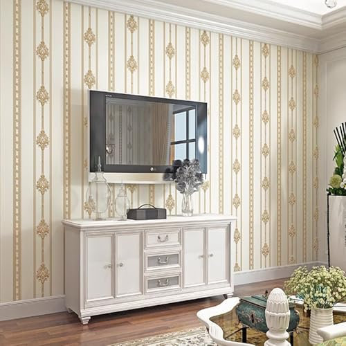 HimYKEA Modern Minimalist European Style Victorian Pattern 3D Embossed Damask Printing Bedroom TV Background Non-Woven Non-Self Adheise Wallpaper 1.73' W X 31.2'L (Cream Beige, Matching Style)