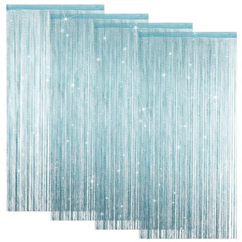 LITLANDSTAR 4 Stück Fadenvorhang Türvorhang, Glitzer Türvorhang Fensterdekoration Raumteiler Dekoration Perlenvorhang für Hochzeit Party Dekoration, 100 x 200cm (Blau)