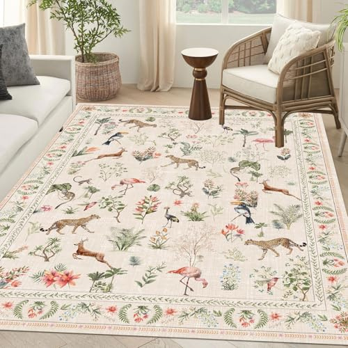 Waschbarer Teppich, 90 x 150 cm, Beige, großer Wohnzimmerteppich, Blumenmuster, Botanik, Boho, rutschfest, weich, orientalisch, Vintage, Gepard, Flamingo, Hirsch, Schlafzimmer, Teppich, bunt