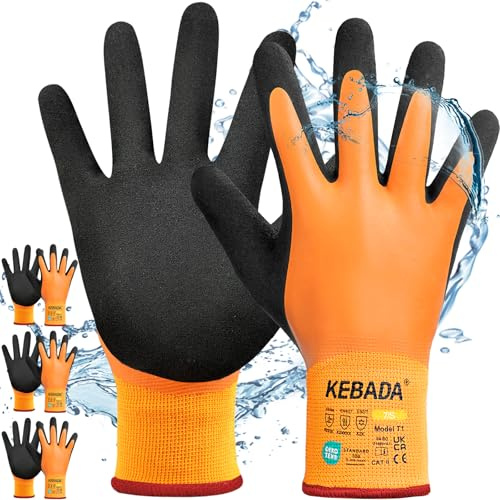 Kebada Winter-Arbeitshandschuhe Herren Damen, wasserdicht, warm, T1, 3 Paar | Größe 7/S, warm gefüttert, rutschfeste Latexbeschichtung für Gefrierlager, Lagerarbeit, Gartenarbeit & kalte Außenarbeit