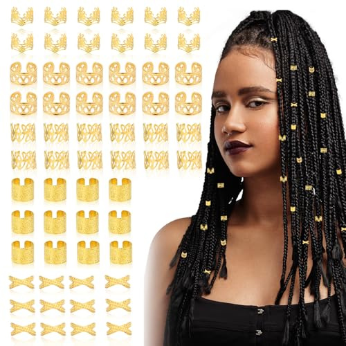 60 Stück Haarschmuck Gold Dreadlocks Schmuck Haarringe Verstellbar Pirat Goldene Haarschmuck für Zöpfe Haar Schmuck Ringe Haare Haarperlen Klipsen Festival Hair Accessories Jewelry Charm Braid Zubehör