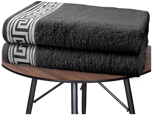 GC GAVENO CAVAILIA Luxury Egyptian Cotton Bath Towels | 4x Pack Large 500 GSM Towels | Greek Key Bathroom Towel Set Quick Drying & Super Absorbent - 70x120 Cm - Charcoal