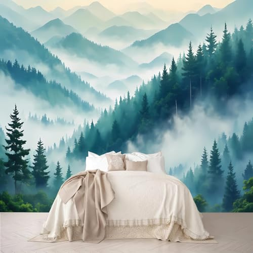 Large Custom Size Misty Mountain Forest Wall Mural - Layered Peaks & Clouds Nature Scene, Removable Self-Adhesive Wallpaper for Bedroom, Living Room, Meditation Nook, Home Office