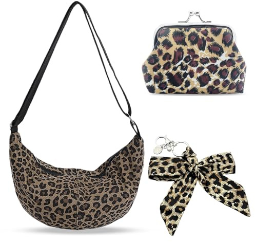 Leopard Print Crossbody Bag,Large Capacity Crescent Shoulder Bag for Women,Multi-pockets Half Moon Crossbody with Coin Purse and Pendant,Adjustable Strap & Canvas Material for Daily Commuting Travel