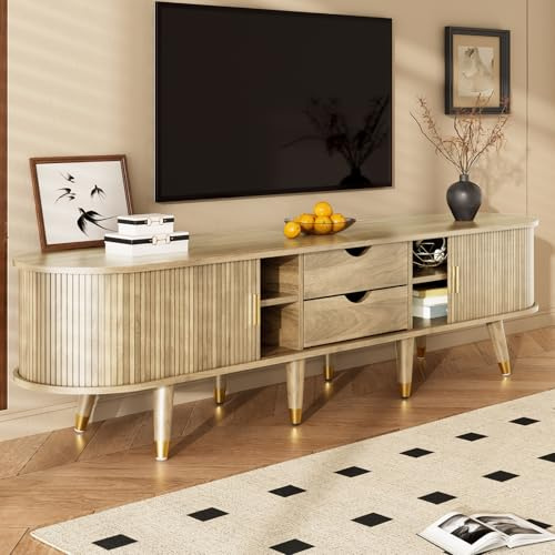 PUGSDRLY Meuble TV avec Portes coulissantes en rotin 175 L x 38 l x 45 H, Meuble TV en MDF avec Compartiments Ouverts, tiroirs et placards (Oak)