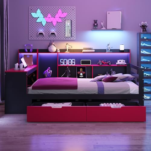 Arhatreya Schlafsofa 90x200 cm, Sofabett mit Schreibtisch, Beleuchtung, Polsterbett mit Steckdosen, Holzbett Tagesbett für Schlafzimmer (Ohne Matratze) Schwarz + Rot