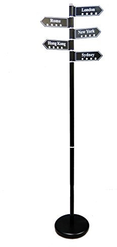 Aspect Cities freistehender Garderobenständer, schwarzes Finish, mit 5 drehbaren Städte-Kleiderbügeln, hochwertig, Hongkong, London, New York, Sydney, Stahl, 28 Dia x 173(H) cm