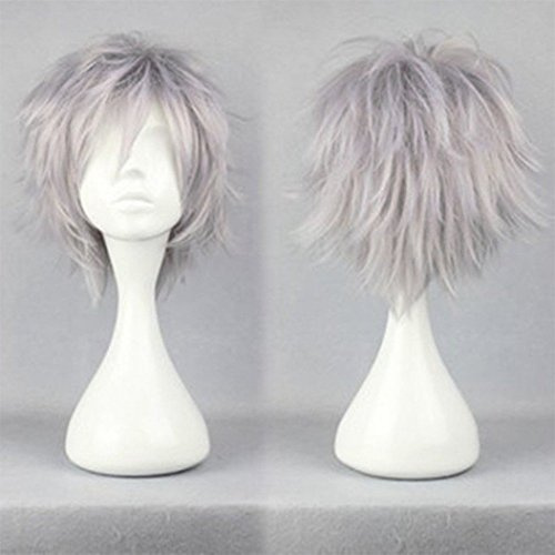 Unisex Short Cosplay Full Wigs Natural Layer Straight Hair Anime Costume Party Wig Fancy Dress for Women Men (Silvery Gray)