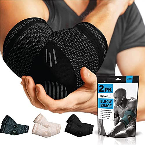 POWERLIX Gomitiera per Uomini/Donne (2 Pezzi) Supporto con Compressione per il Braccio per Tendinite, Gomito del Tennista/Golfista, Supporta le Maniche per la Protezione Durante lo Sport, Nero, M