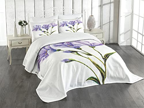 ABAKUHAUS Aquarell-Blumen Tagesdecke Set, Romantischer Sommer, Set mit Kissenbezügen Feste Farben, für Doppelbetten 220 x 220 cm, Violett Weiß Grün