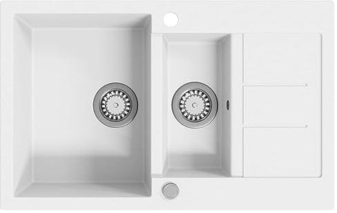vidaXL Fregadero de Cocina de Granito con Dos Senos Lavabo Cocina Fontanería Piezas de Fontanería y Bricolaje Pileta Escurreplatos Casa Hogar Blanco