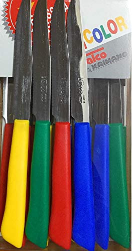 Kaimano Falco by Set di 16 coltelli Bistecca, Vecchia Produzione 100% Made in Italy, Lama seghettata, Punta Tonda,4 Colori