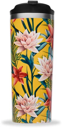 QWETCH - Travel Mug Isotherme - Tropical Jaune 470ml - Thermos Café & Thé en Inox - 6h Chaud et 12h Froid - Sans BPA, Étanche, Mug de voyage