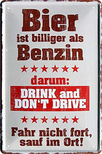 Blechschilder Bier lustiger Spruch: “Bier ist billiger als Benzin” Deko Schild Bar-Schild Theke 20x30 cm