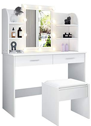 Senvoziii UNDRANDED Dressing Table Set with LED Lights, Mirror, 2 Drawers, 6 Open Shelves Makeup Table Set with Cushioned Stool Makeup Desk Vanity Table for Girls Bedroom (White)