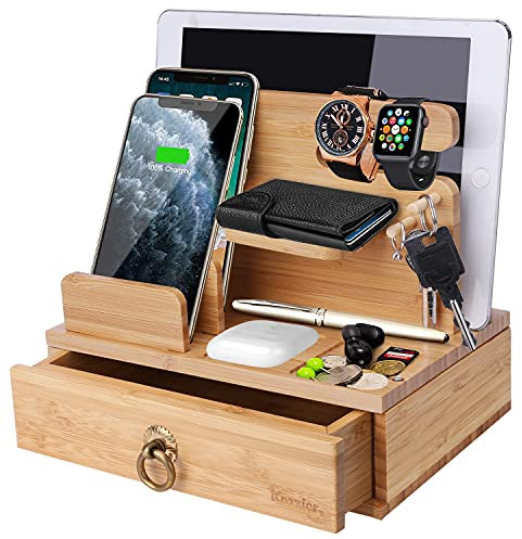 iCozzier Bamboo Station de Charge de Bureau pour Plusieurs appareils Dock Station Watch Organisateur de clés avec tiroir pour Watch, Pods, Pad, Smartphones, tablettes, Kindle