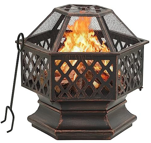 vidaXL Rustikale Feuerstelle mit Schürhaken Feuerschale Feuerkorb Terrassenofen Gartenfeuer Terrassefeuer Garten Terrasse 62x54x56cm XXL Stahl