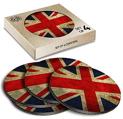 4 x Eco Boxed Cork Coasters - Vintage Union Jack Flag Distressed Drink Cup Mug Glass Table Mat #8887