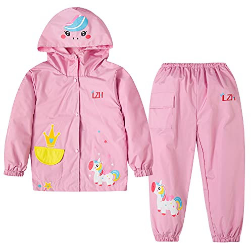 LZH Boys Raincoat Bambini Girls impermeabile con cappuccio, pantaloni giacca vestito leggero 2 pezzi set, dimensioni unisex 110/3-4 anni, Rosa-A