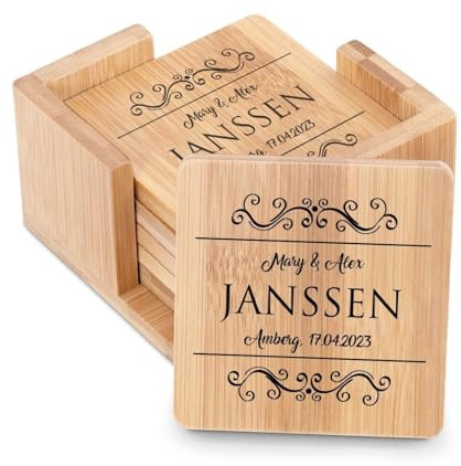 Maverton 6er Untersetzer Set mit Aufdruck, aus Bambus, Naturfarbe | Aus Bambus, mit Halter, Geschenke für Paare, Hochzeitsgeschenke, Geschenkidee für Duos