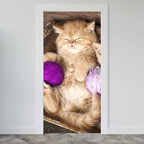 Estika Türtapete selbstklebend - Schläfriges Kätzchen - 95x205 cm - Einem Bogen Türposter, Tiere Türaufkleber, Aufkleber PVC Folie, Klebefolie für türen, Tür tattoo, Modern decoration
