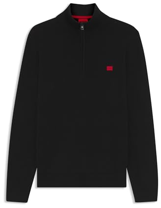 HUGO Mens San Quintus-C Logo-Label Zip-Neck Sweater Knitted in Cotton Black