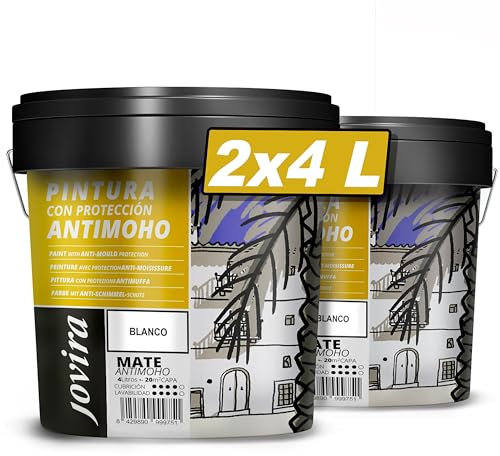 JOVIRA PINTURAS Pittura Antimuffa (8 Litri). Previene la muffa. Resistente alla comparsa di muffe sui muri. Aspetto opaco. (2x4 Litri, Bianco). A-06-2