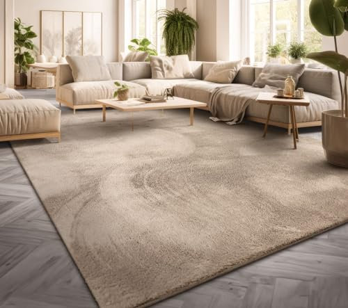 TT Home Wohnzimmer Teppich Kurzflor Anti-Rutsch Rückseite Unifarben Modern Waschbar, Farbe: Beige, Größe:80x300 cm