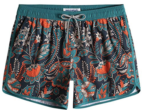 MaaMgic Costume da Bagno Corti Uomo Stile Retro Vintage 4-Way Stretch con Fodera in Mesh Transpirante e Asciugatura Rapida per Vacanze al Mare, Artistico Arancione Blu, XL