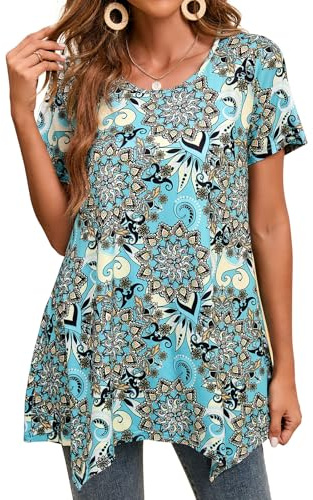 Enmain Womens Tunic Top Summer Short Sleeve Tops for Women UK Plus Size Round Neck Ladies Tunics for Leggings Aqua Blue Swing T-Shirt Casual Elegant Loose Blouse T Shirt L