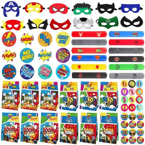 Yrmysrx Superhelden-Party-Dekorationen-Set enthält 12 Slap-Armbänder, 12 Masken, 12 Knopfnadeln, 12 Geschenktüten, 30 Aufkleber für Kindergeburtstag, Party, Geschenke (78 Stück)
