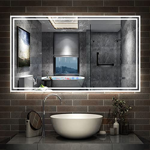 AICA Miroir de Salle de Bain LED avec Bluetooth 80 x 60cm, Miroir Salle de Bain avec Horloge + 3 Couleurs + Dimmable + Anti-buée, Miroir avec Interrupteur Tactile Étanche IP44